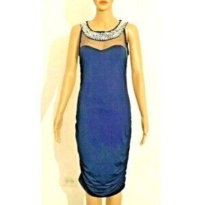 NWT Nikkialo Blue Dress with Crystals and Faux Pearls Lined Sleeveless Sz. Large